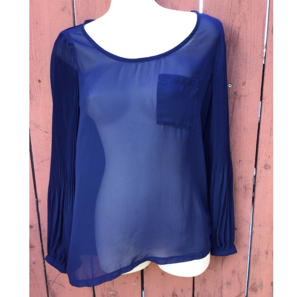Freebird Navy Blue Sheer Long Sleeve Top - Picture 1 of 4